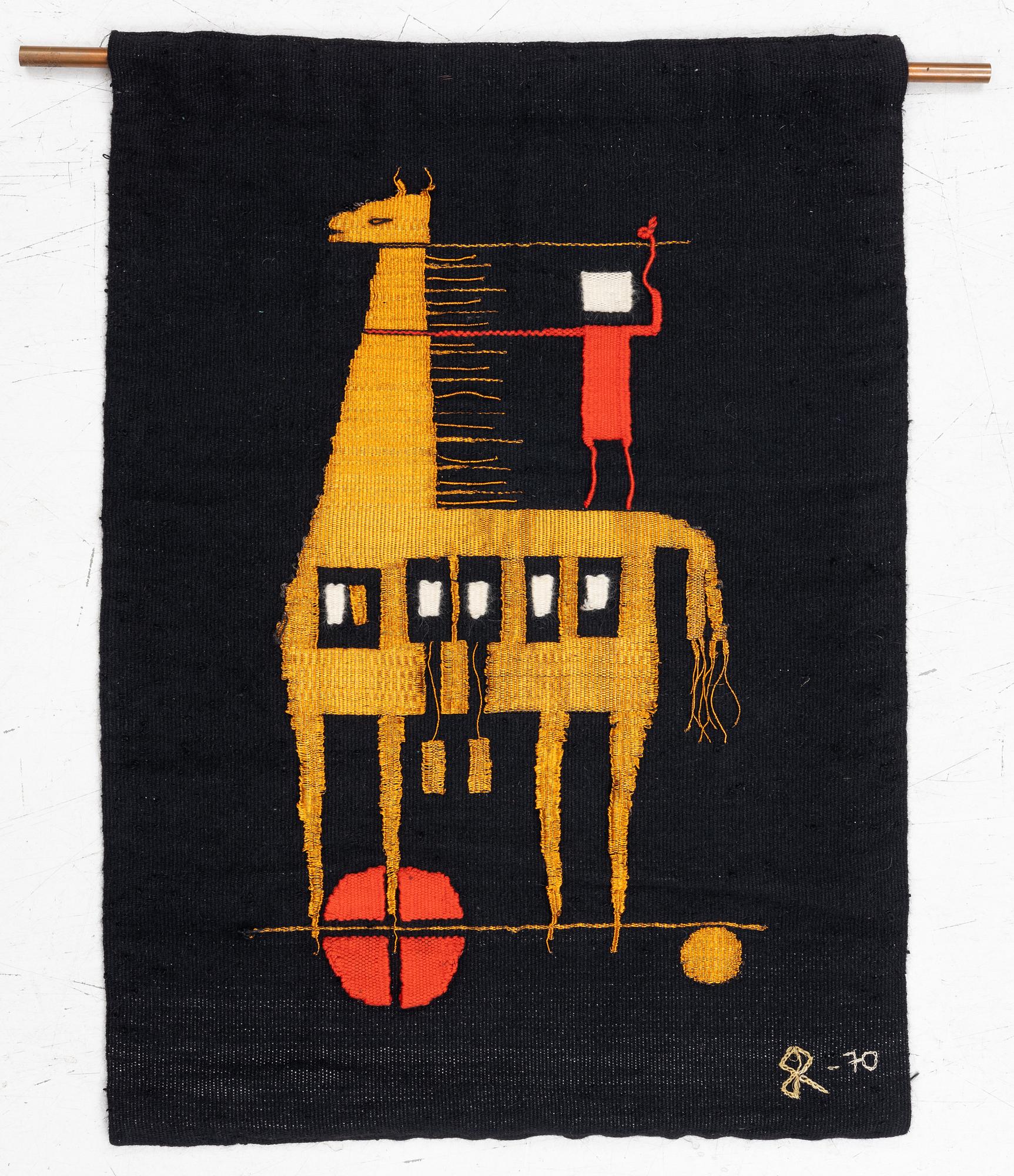 Eeva Renvall, "Den Trojanska hästen", bonad, signerad, 1970, ca 92 x 68 cm.