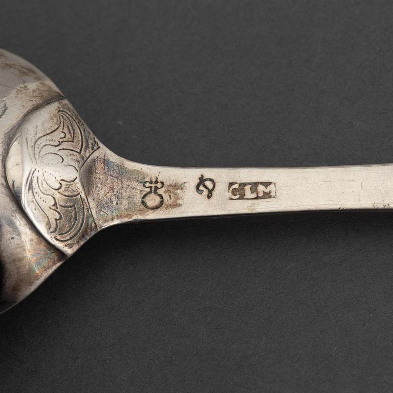 A matched pair of Swedish 18th century silver spoons, marked Uppsala.