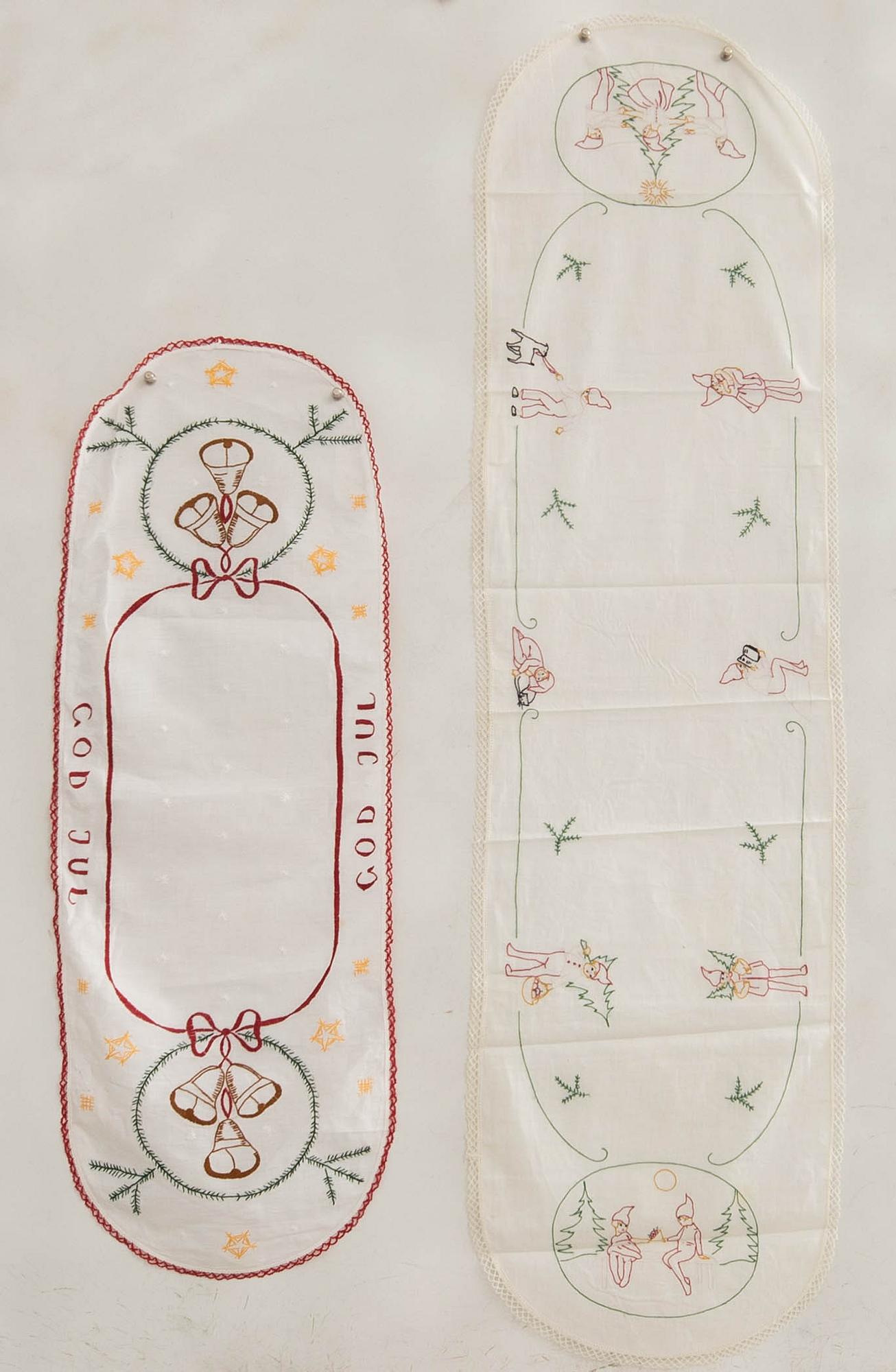 A collection of smaller Christmas tablecloths, runners, and wall hangings, approximately 34 pieces, mid/second half of the 20th century.