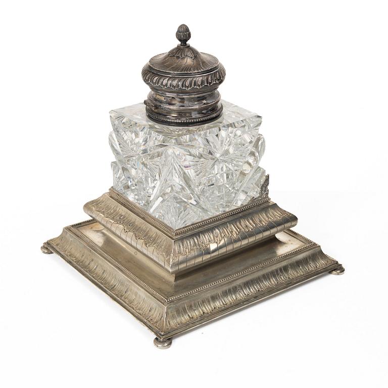 A Russian inkwell, silver and glass, Morozov, St. Petersburg, Russia, turn of the 20th century.