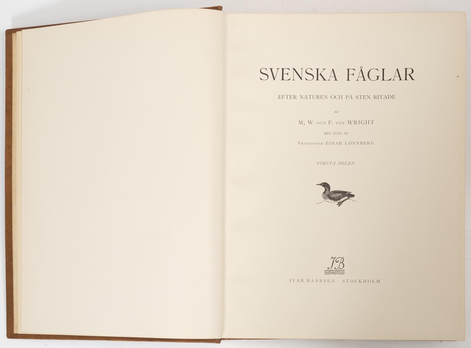 The Wright Brothers, books, 3 volumes, 'Svenska Fåglar', A. Börtzells tryckeri AB, Ivar Baarsen, Stockholm, 1924-1929.