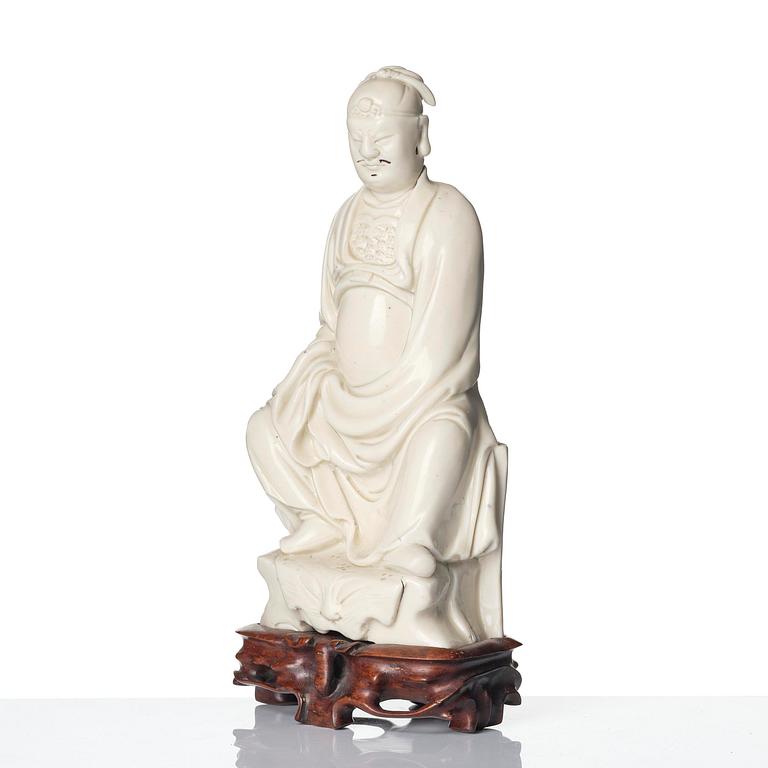 A blanc de chine figure of Guandi, Qing dynasty, 18th century.