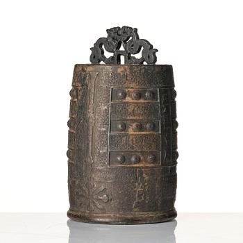 A bronze temple bell with suspension loop (Bo) and coiled and interlaced Dragons, Ming dynasty or older.