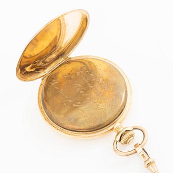 Pocket watch, 14K gold, hunter case, 49.5 mm, with chain.