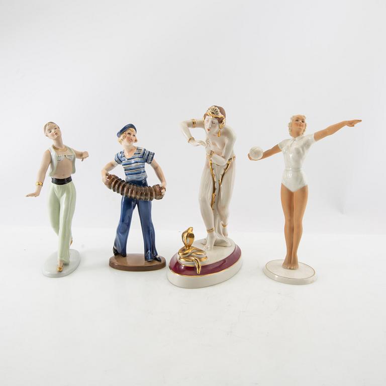 Figurines 4 pcs Royal Dux, Wallendorf and Keramos Germany mid-20th century porcelain.