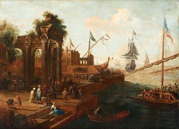 475. Abraham Storck Hans krets, Sydländsk hamnbild med figurer och fartyg.