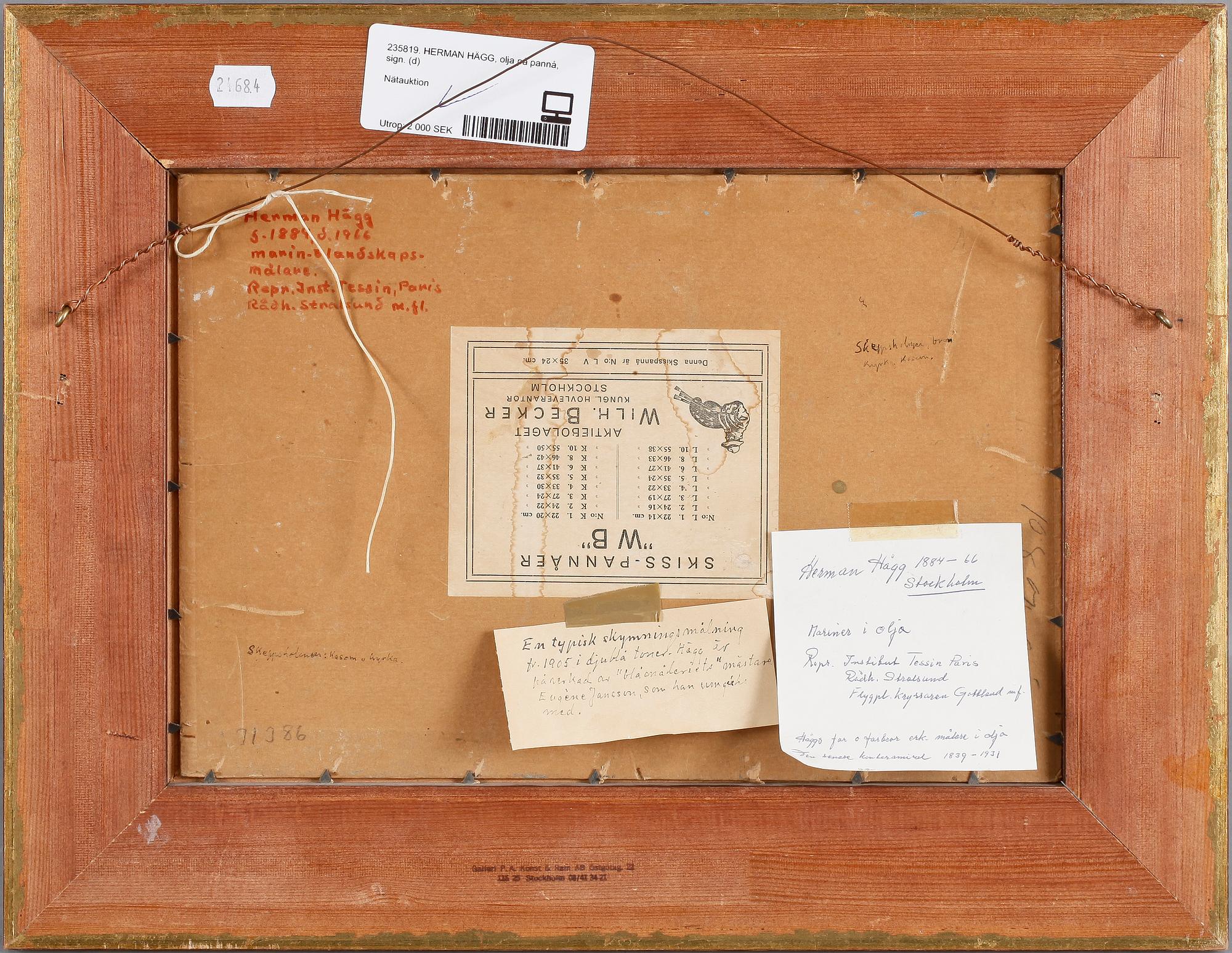 HERMAN HÄGG, olja på pannå, sign.