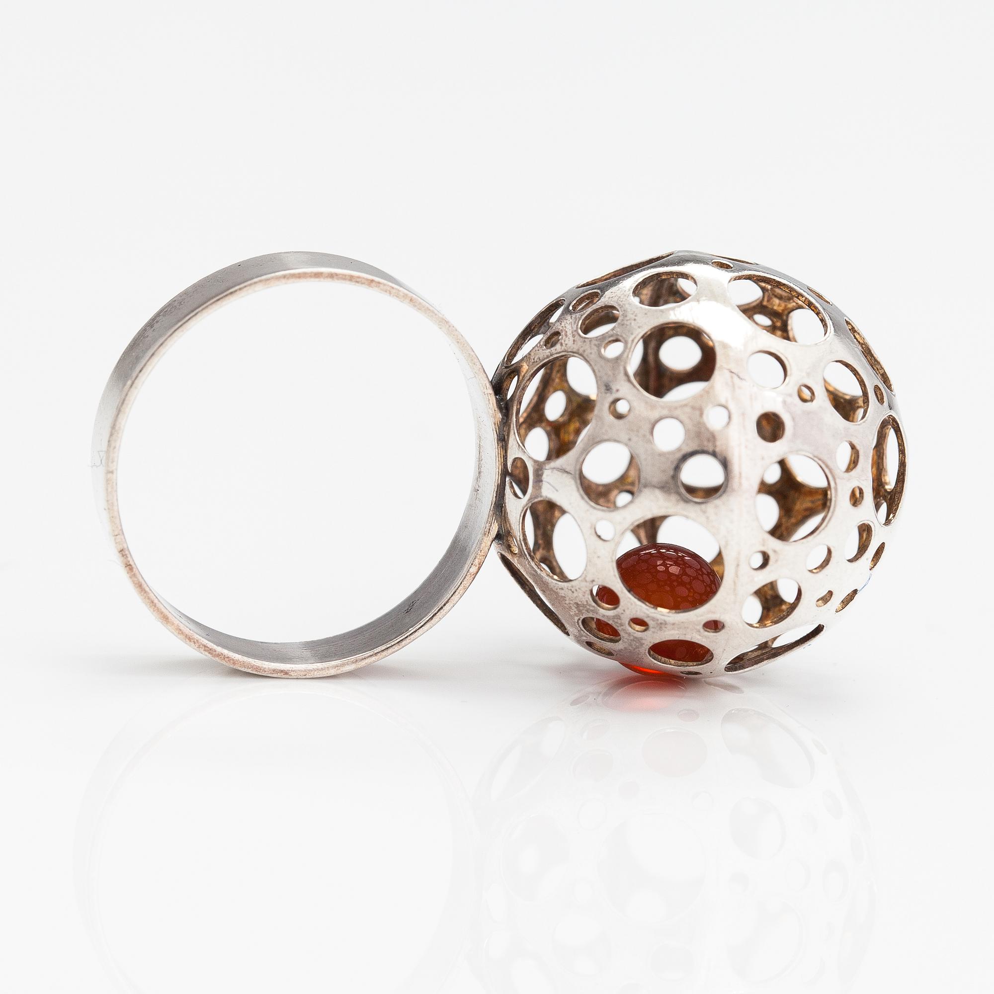 Liisa Vitali, A sterling silver ring "Leppäkerttu" with a chalcedony. Westerback, Helsinki 1973.