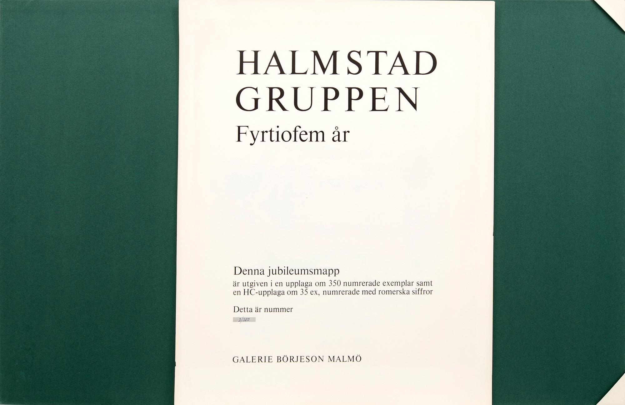Halmstadgruppen Fyrtiofem år, mapp,  med 6 färglitografier, signerade och numrerade 2/350.