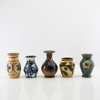 Vases 5 pcs blue Annashaab stoneware factory Denmark early 20th century glazed earthenware.