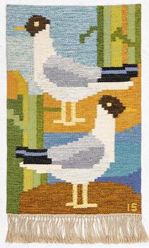 Ingegerd Silow, a flat weave carpet/ wall decoration, "Skrattmås", Axeco, Sweden, signed IS, c. 86 x 57 cm.