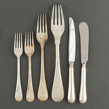 A silver cutlery, including 'Svensk Spets' and 'Svensk Rund', incl. GAB, CG Hallberg, 19/20th century (89 pc), 3171g.