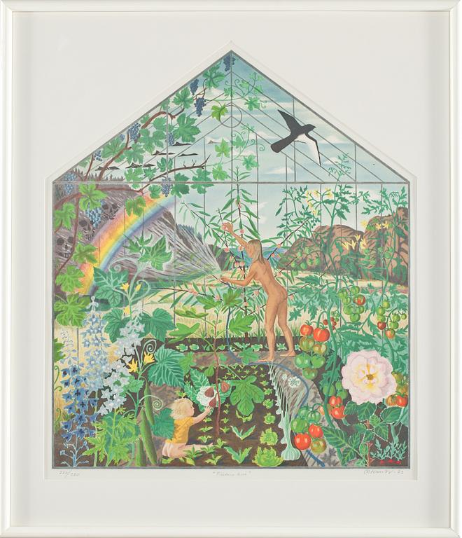 MONA HUSS WALLIN, "Fredens hus", färglitografi, signerad, daterad -83 och numrerad 278/380.