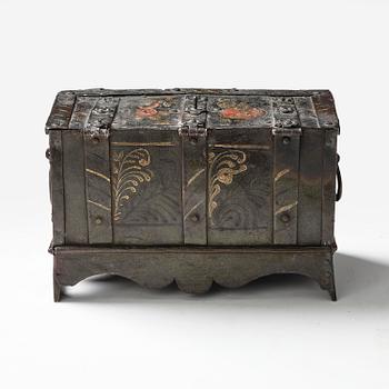 A South German presumably Nuremberg polychrome-painted wrought baroque iron casket, 17th century.