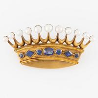 Brooch, 14K gold with pearls and faceted synthetic sapphires. Russia 1899-1908.