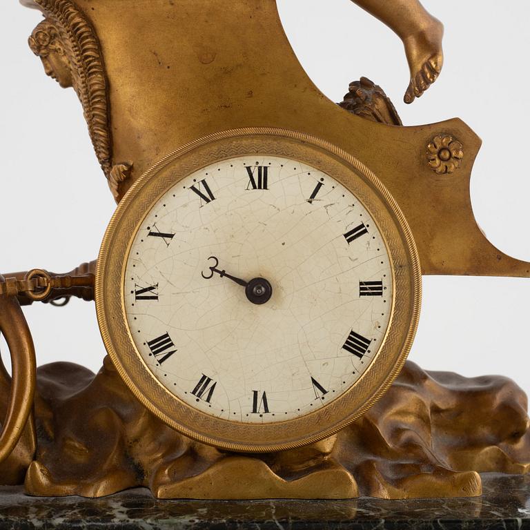 An Empire-style gilt-bronze and verde antico 'Au char de l'Amour' figural mantel clock, late 19th century.