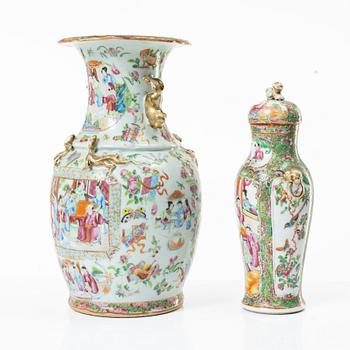 A famille rose vase with cover and a vase, Qing dynasty, Kanton, 19th century.