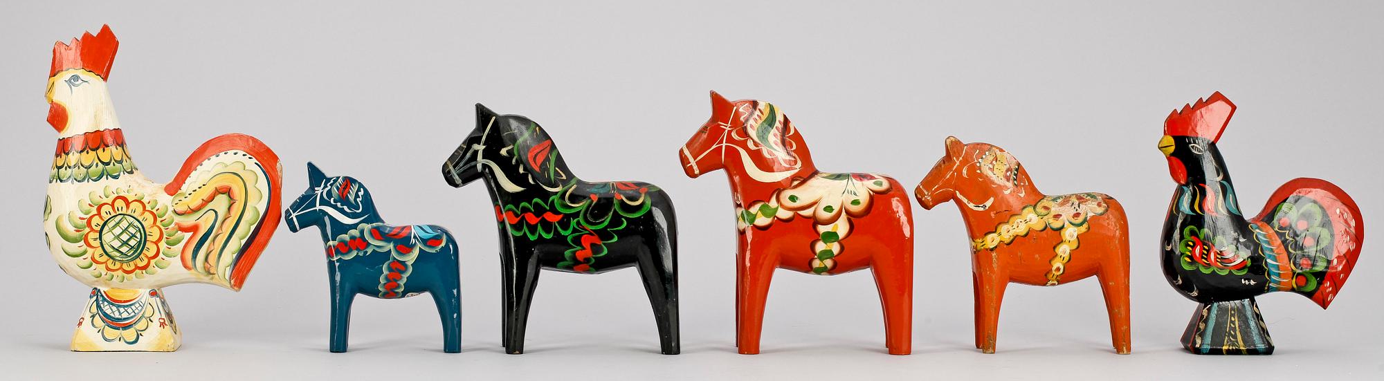 DALAHÄSTAR och -TUPPAR, 4+2, allmoge, 1900-talets mitt - andra hälft.