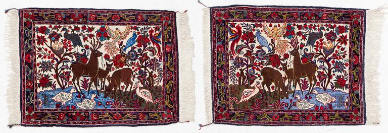 Rugs, a pair, oriental, figural, approximately 96 x 73 cm each.