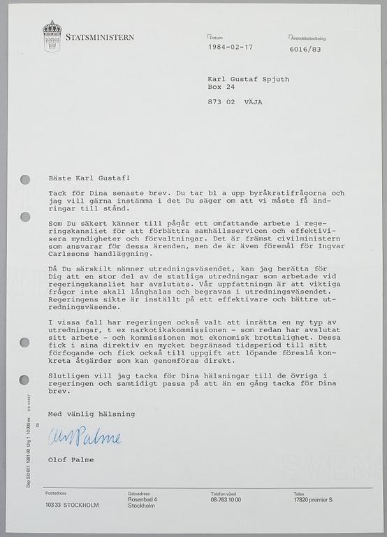 OLOF PALME. 18 hand signed letters dated September 1982-February 1986.