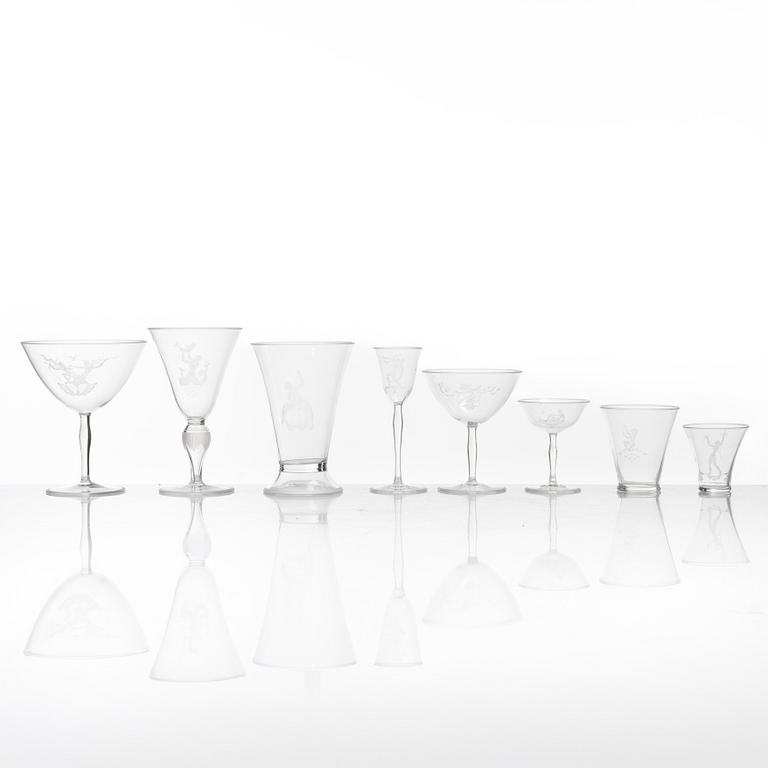 Simon Gate, glasservis, 65 delar, Orrefors, 1926.