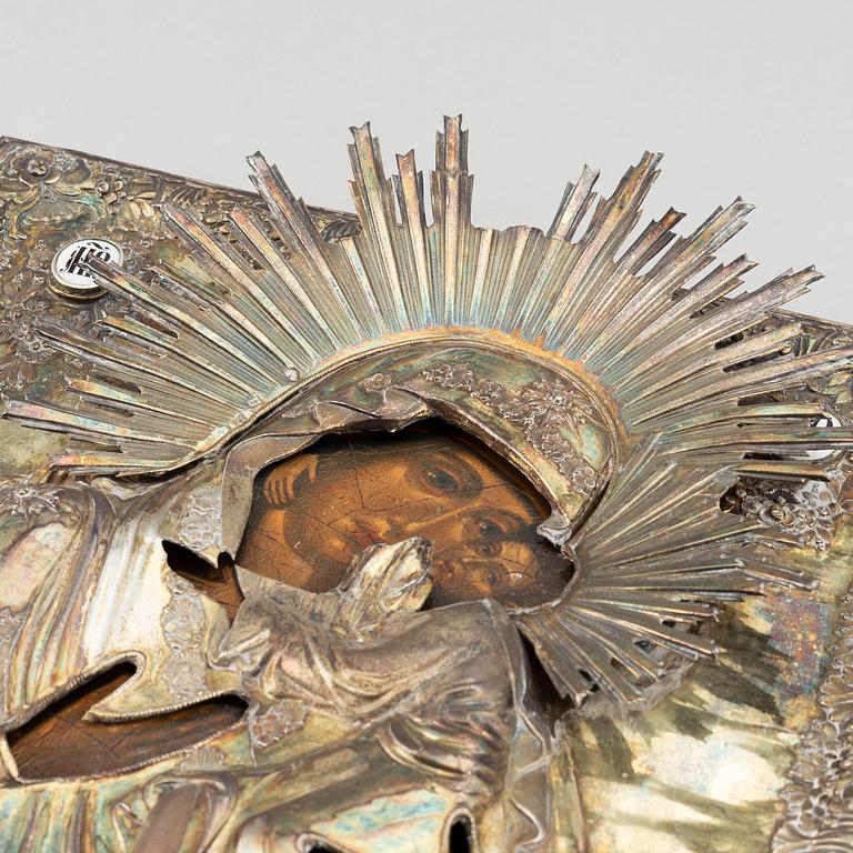 A Russian silver-gilt icon, "Virgin of Tolga", unidentified makers mark, Moscow 1835.