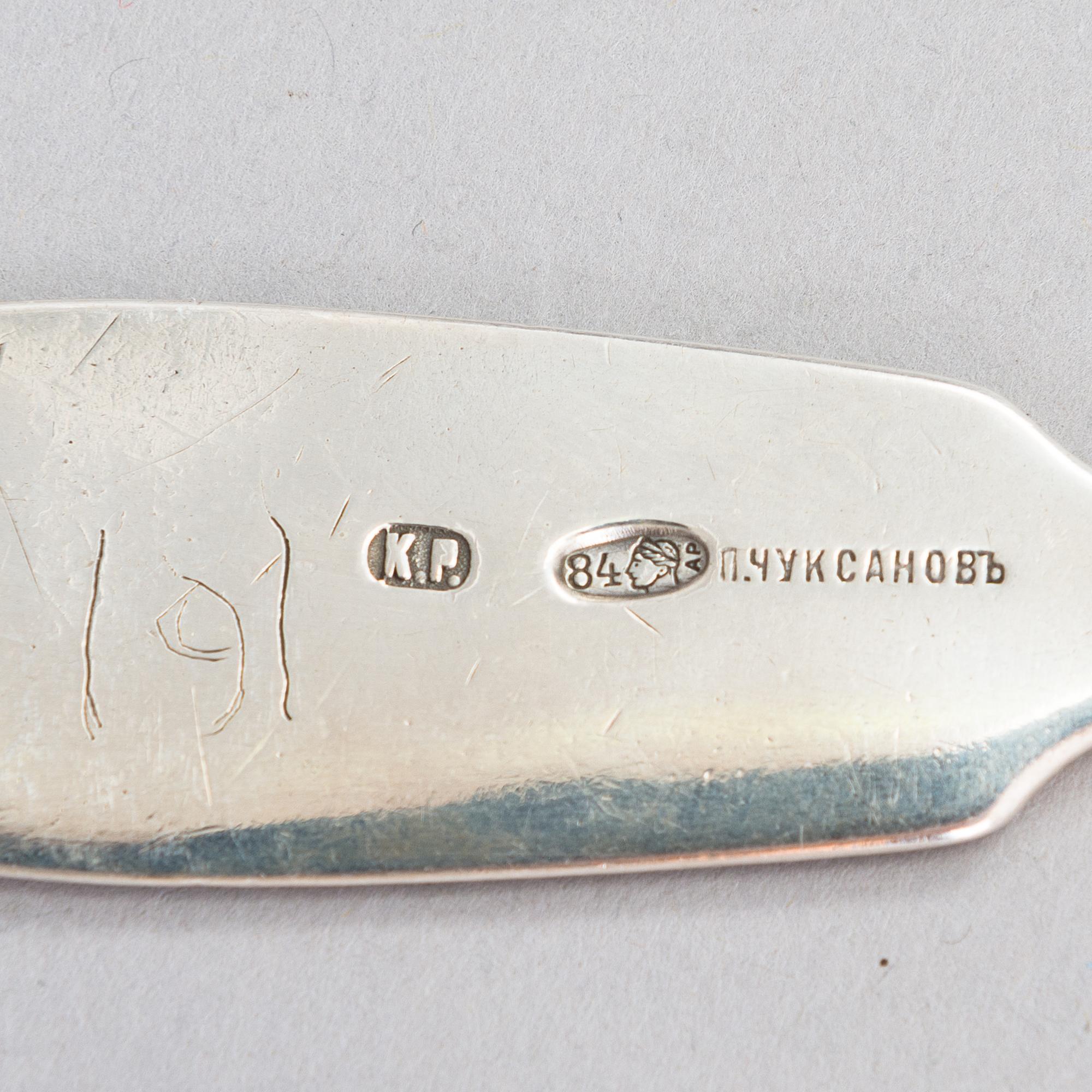 Dessertskedar, 6 st, silver, bl.a. Morosov, Ryssland kring sekelskiftet 1900.