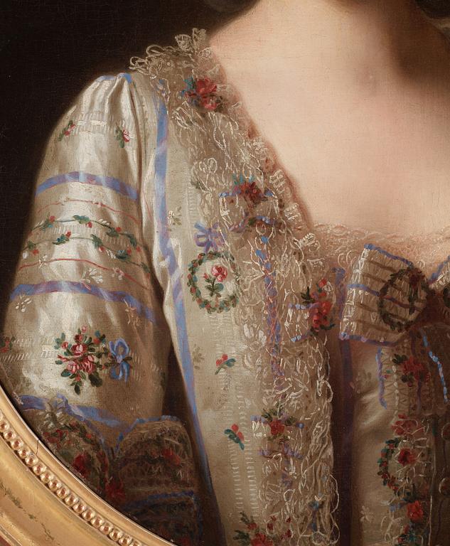 Alexander Roslin, Portrait of a young woman in a pearl-grey embroidered silk dress with lilac ribbons.