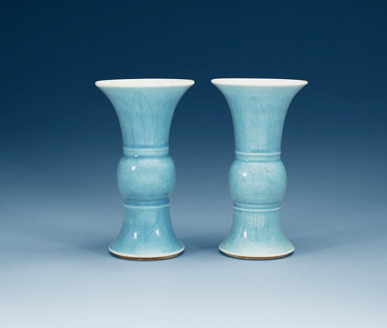 A pair of claire de lune glazed vases, Qing dynasty with ? six character mark.