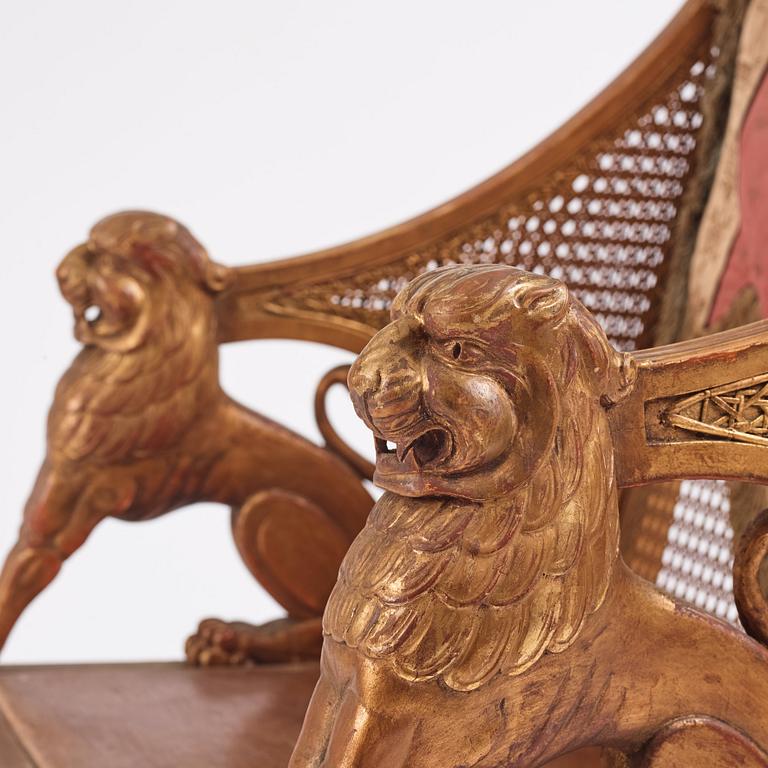 Helge Werner, a pair of gilt and carved Swedish Grace armchairs, ca 1920-30s.