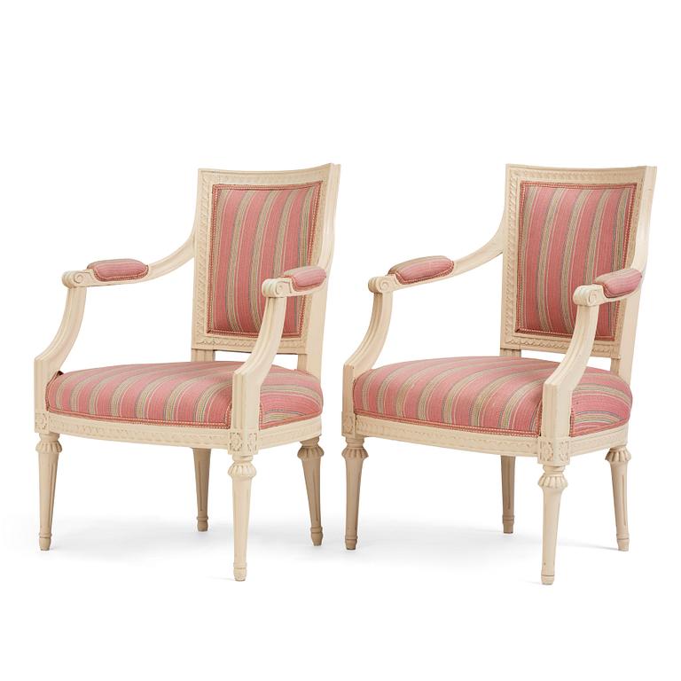 A pair of late Gustavian open armchairs by E. Öhrmark (master in Stockholm 1777-1813).