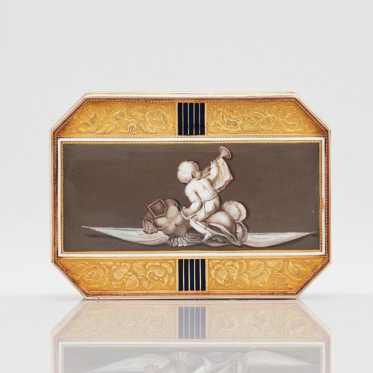 An early 19th century gold and enamel box, unidentified mark M, possibly Switzerland.