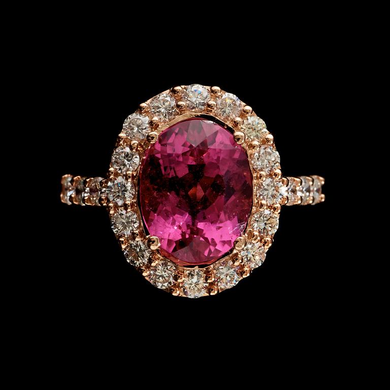 A pink tourmaline and diamond ring. Tourmaline 3.07 cts, and diamonds total carat weight 0.87 ct.