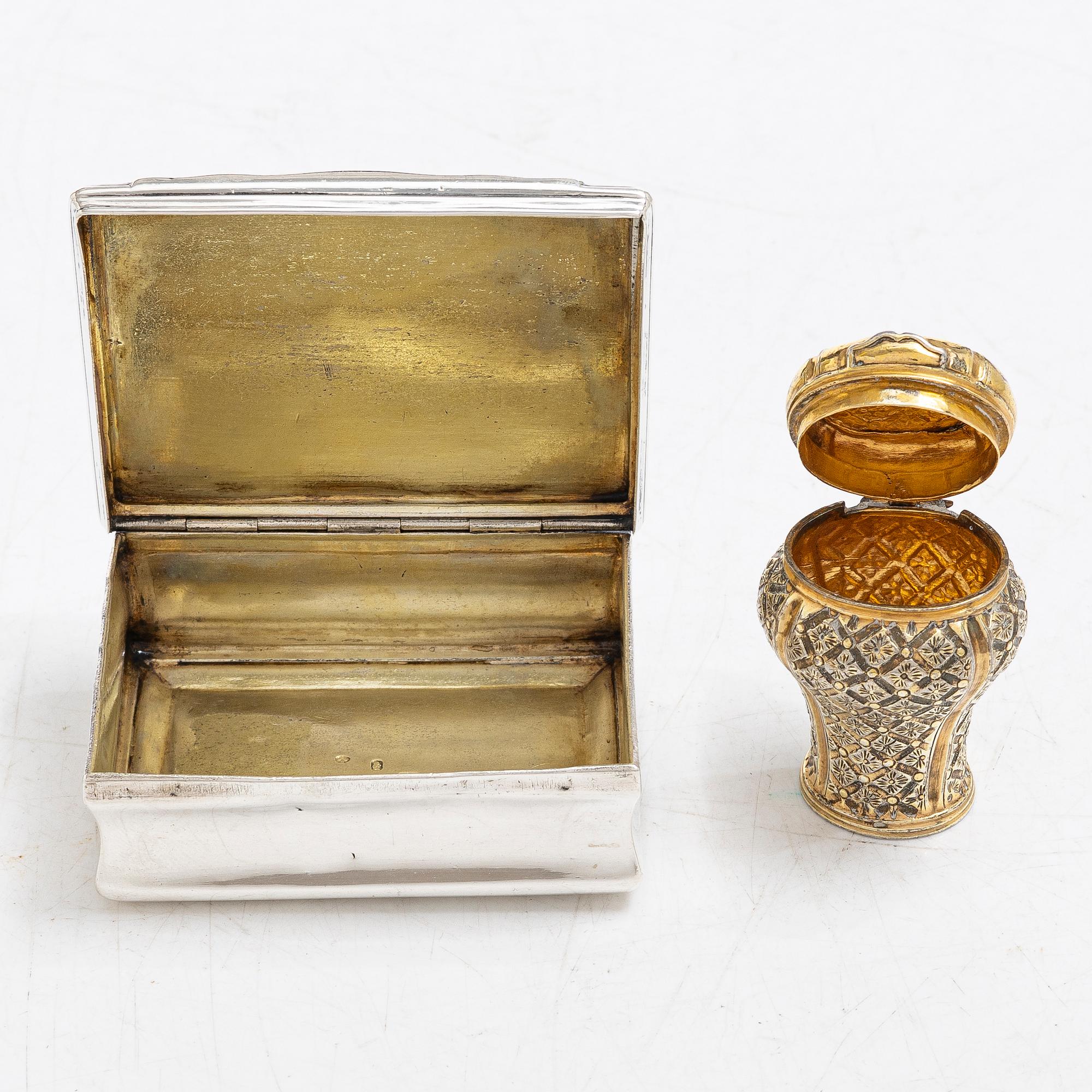 Two Swedish 18th century parcel-gilt silver boxes.