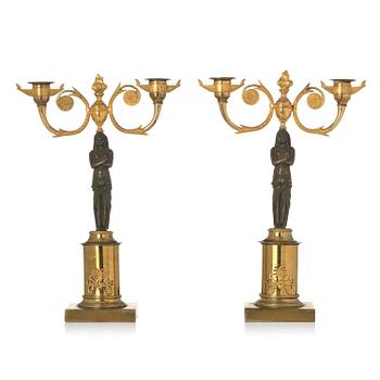 119. A pair of Swedish Empire ormolu and patinated two-branch candelabra, Stockholm, early 19th century.