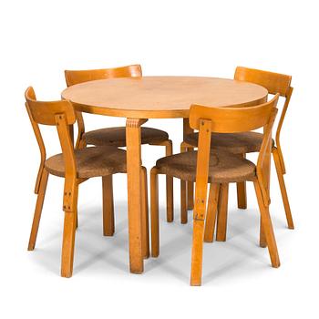 Alvar Aalto, 1940s '73' table and four '69' chairs for O.Y. Huonekalu- ja Rakennustyötehdas A.B.