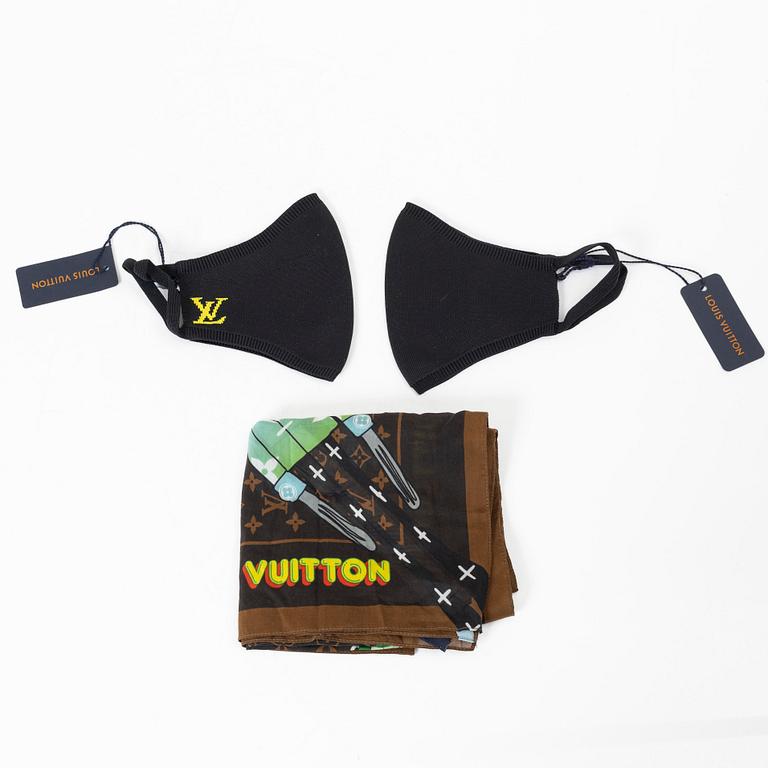 Louis Vuitton, face masks 3 pcs, with accessories and scarf.