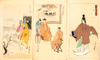 Ogata Gekko, three color woodblock prints, Japan 1890s.