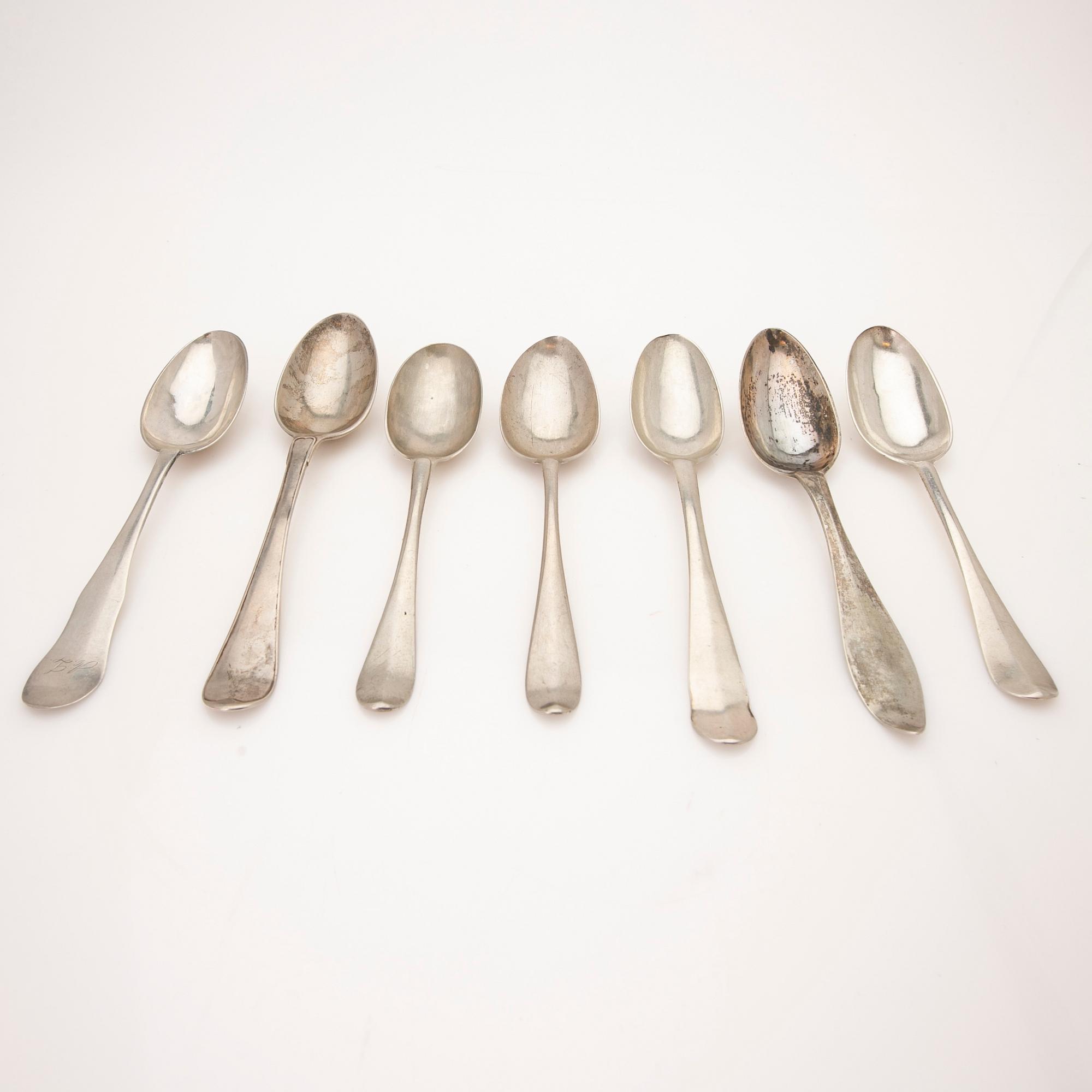 Collection of tablespoons, 28 pieces, silver, by 9 different master silversmiths, Kristianstad, 18th/19th century.