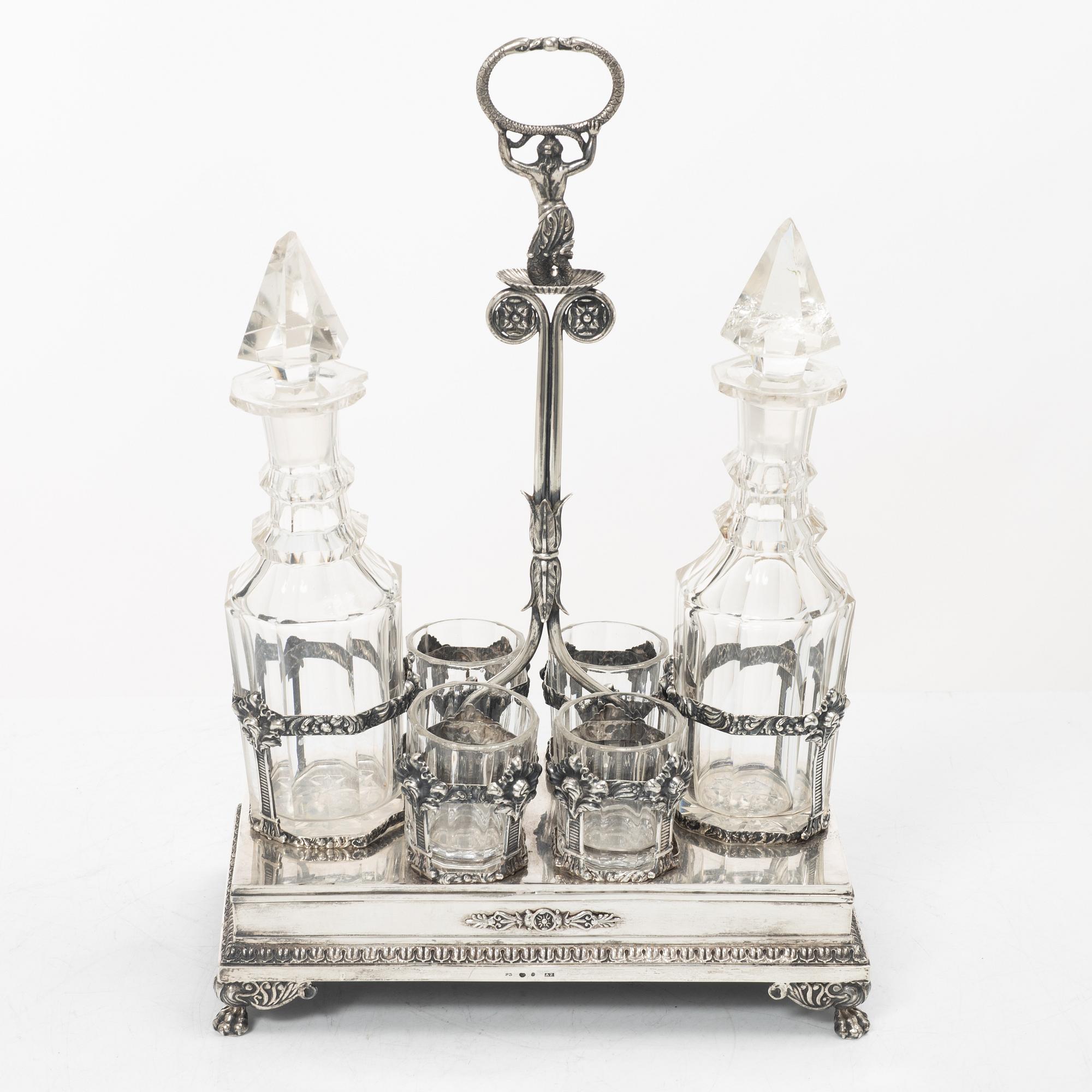 Adolf Zethelius, likörset, silver och glas, Stockholm 1821.