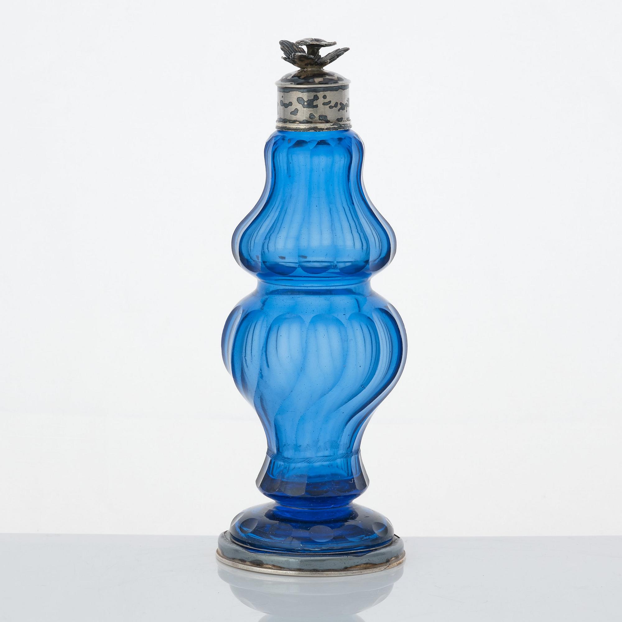 A Swedish Rococo blue glass and silver bottle, marked Lorenz Vick (Ulricehamn 1766-1808).