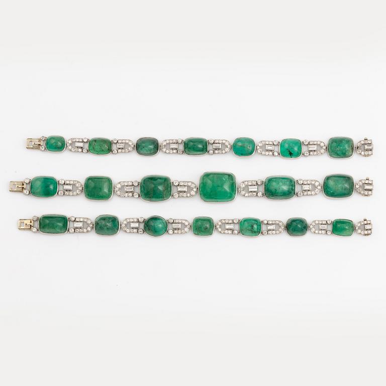 Collier/armband platina med cabochonslipade smaragder, Art Deco.