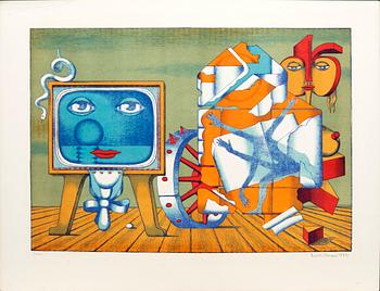 Halmstadgruppen Fyrtiofem år, mapp,  med 6 färglitografier, signerade och numrerade 2/350.