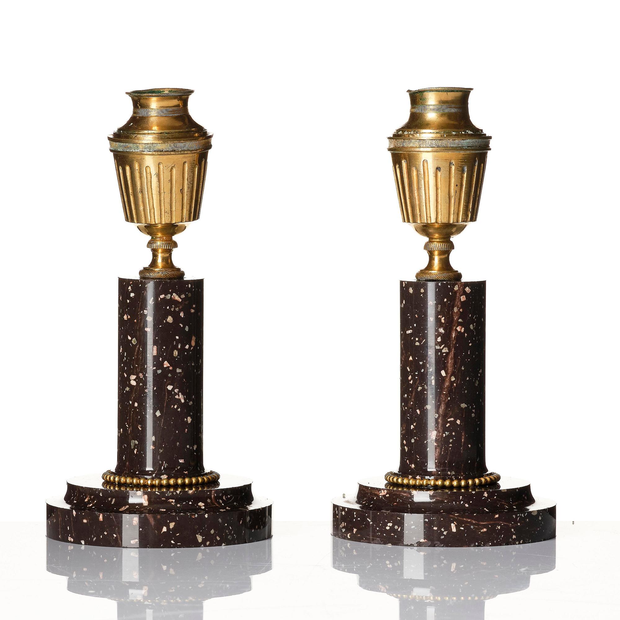 A pair of late Gustavian Swedish porphyry and ormolu cassolettes.