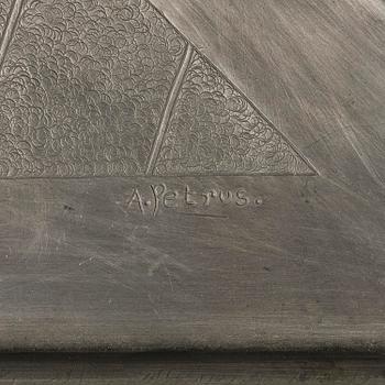 Anna Petrus, a rare pewter and brass tray, executed in her studio, Stockholm, ca. 1922–24.