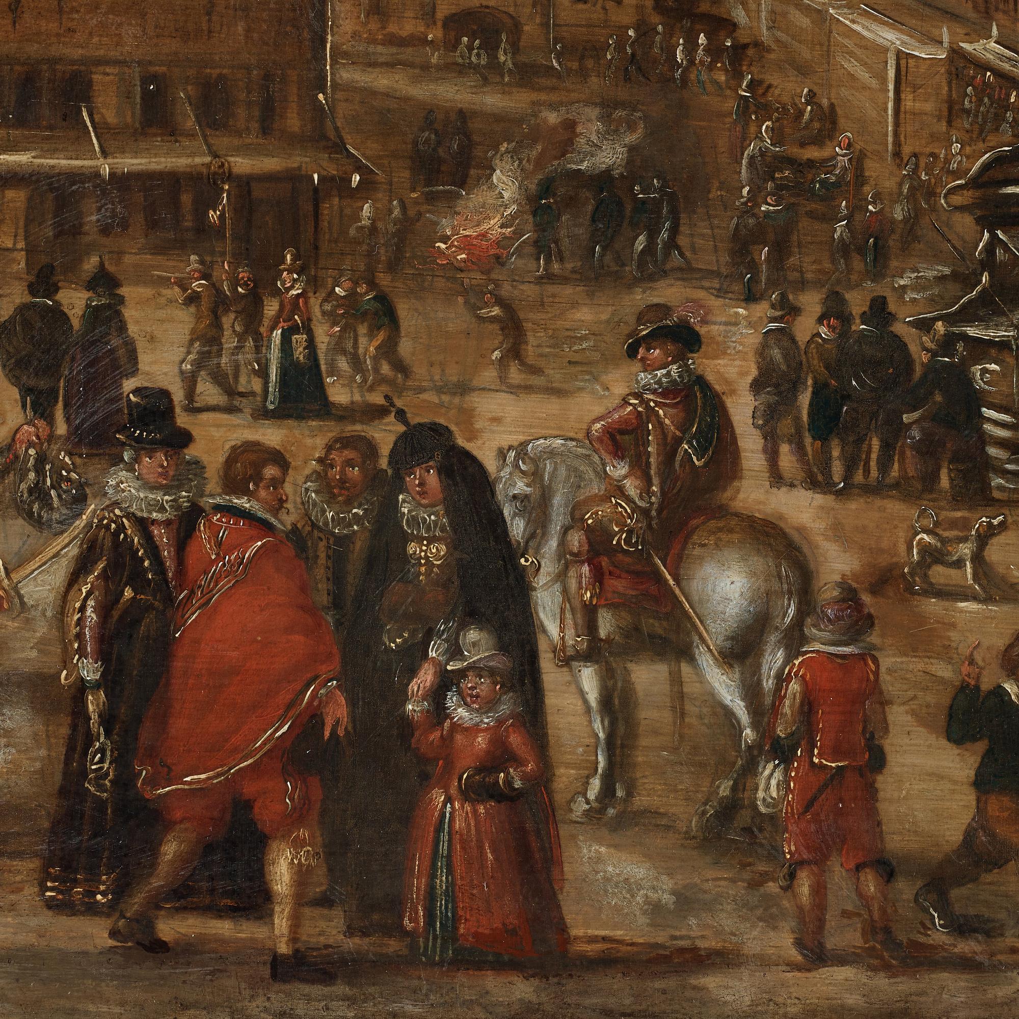 Joost Cornelisz. Droochsloot Tillskriven, Stadsbild med figurer på ett torg.