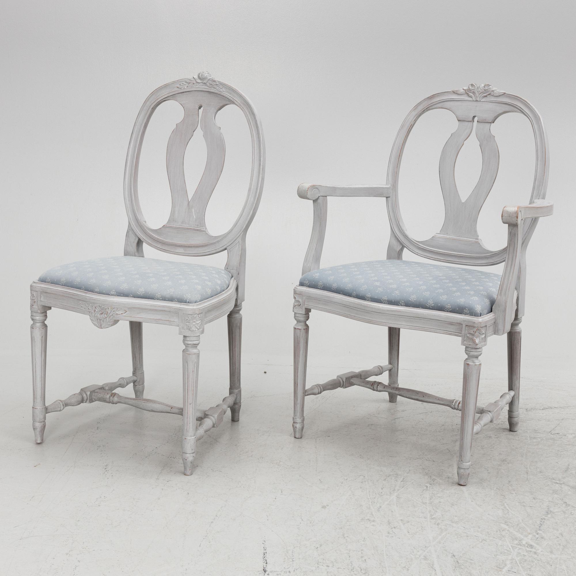 Dining table, sideboard, 12 chairs, 2 armchairs, Gustavian style, second half of the 20th century.