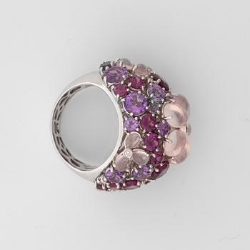 A rose quartz, amethyst, tourmaline and brilliant-cut diamond ring, in the shape of flowers.