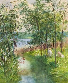 Anna Billing, Summer's landscape with children by the water.
