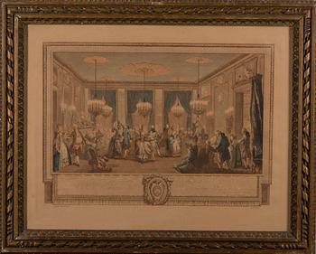 AUGUSTIN DE SAINT-AUBIN, efter, 2 st handkolorerade etsningar, L. Provost, 1800-tal.